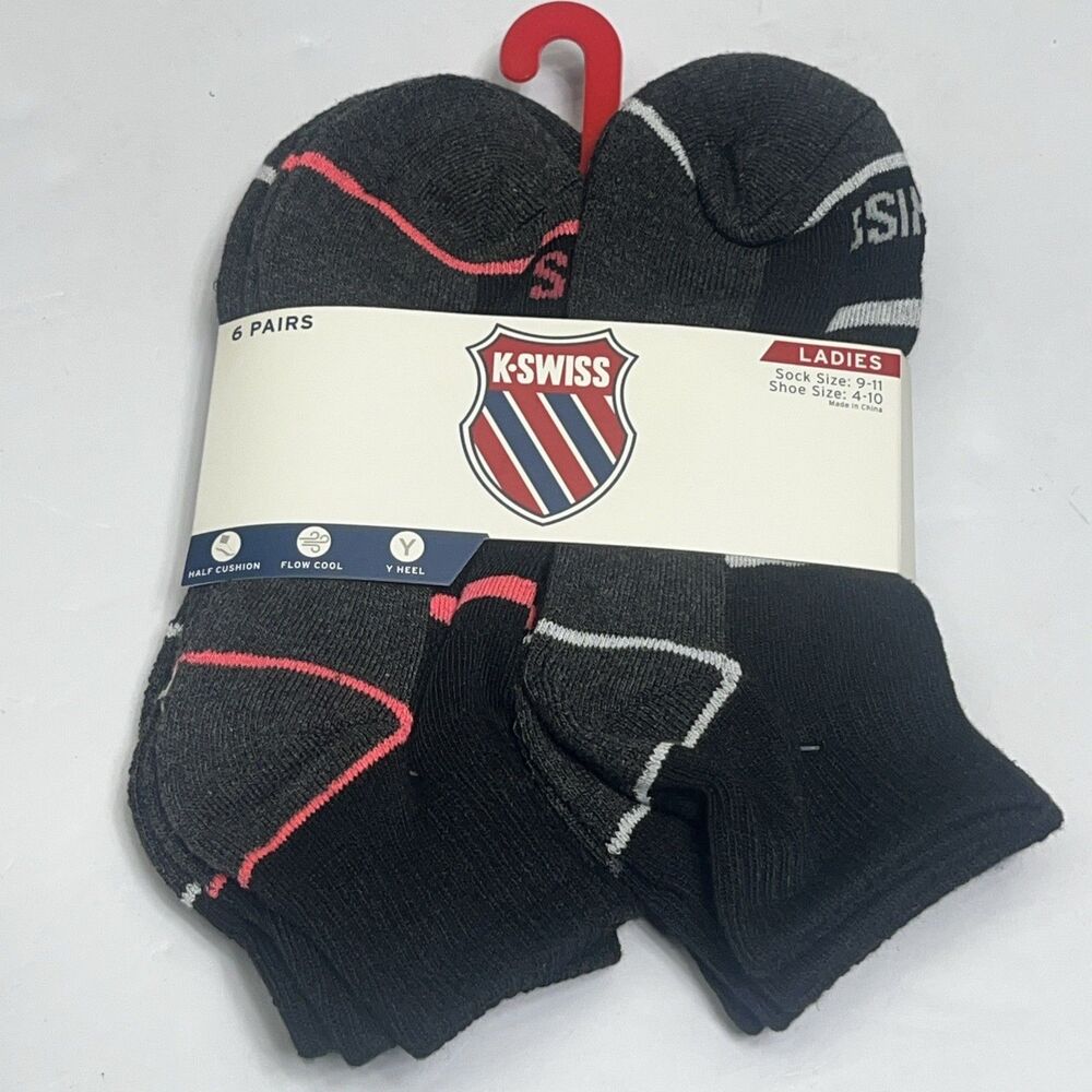 K Swiss Women's Ankle‎ Socks 6 Pack Shoe Size 4-10 Black Flow Cool $28 Flow Cool